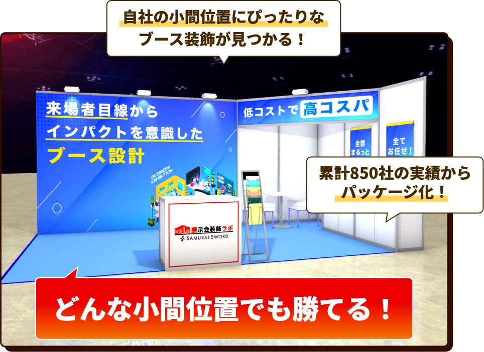 自社の小間位置にぴったりなブース装飾、累計850社の実績からパッケージ化 どんな小間位置でも勝てる！